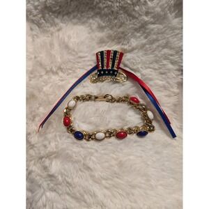 Patriotic Jewelry Set Polcini Uncle Sam Hat Pin Bracelet Red White Blue Gold VTG